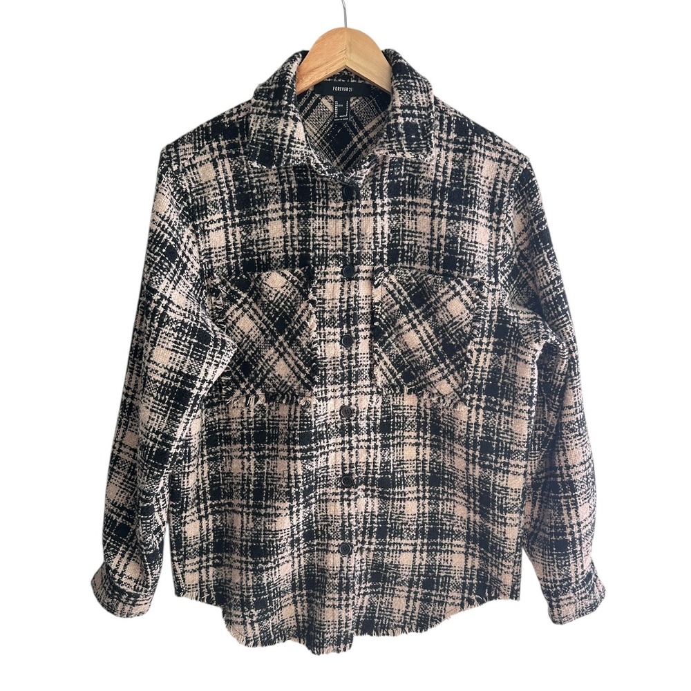 Forever 21 Tweed Plaid Shacket Black Beige Small Chic